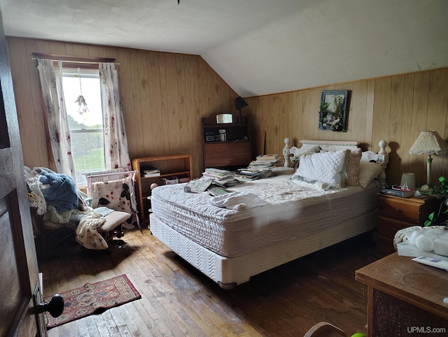 4203 E Maple Ridge 37th Rd, Rock, MI 49880 - bedroom featuring hardwood / wood-style flooring, wood walls, and lofted ceiling