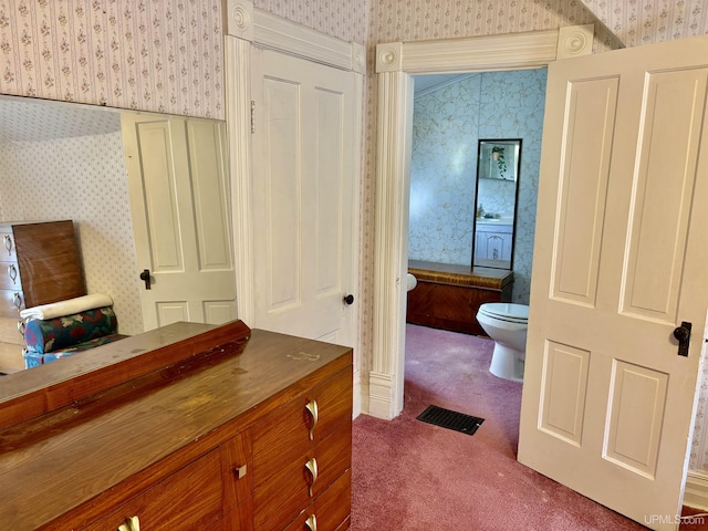 215 Day St, Ironwood, MI 49938 - bathroom with wallpapered walls, toilet, and vanity