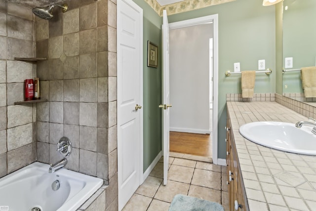 42910 Utica Rd, Sterling Heights, MI 48314 - bathroom featuring tile patterned floors, vanity, baseboards, and a combined bath / shower with jetted tub