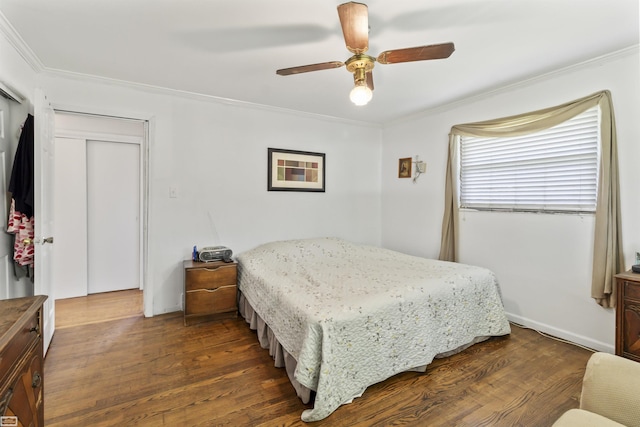 42910 Utica Rd, Sterling Heights, MI 48314 - bedroom featuring ornamental molding, dark wood-type flooring, and ceiling fan