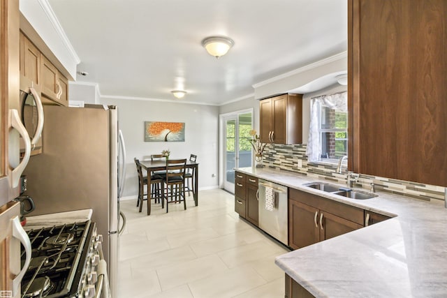 42910 Utica Rd, Sterling Heights, MI 48314 - kitchen with stainless steel dishwasher, a sink, backsplash, ornamental molding, and light tile patterned floors