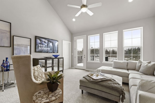 2215 Chase Dr Unit 102, Howell, MI 48855 - living area with carpet flooring, ceiling fan, recessed lighting, high vaulted ceiling, and baseboards