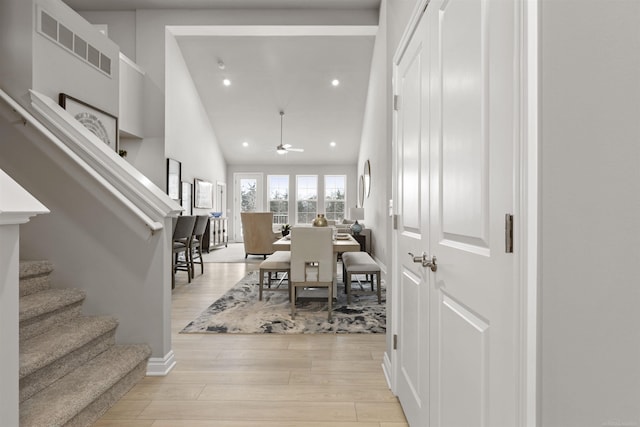 2215 Chase Dr Unit 102, Howell, MI 48855 - dining space featuring a ceiling fan, stairs, light wood-type flooring, and recessed lighting