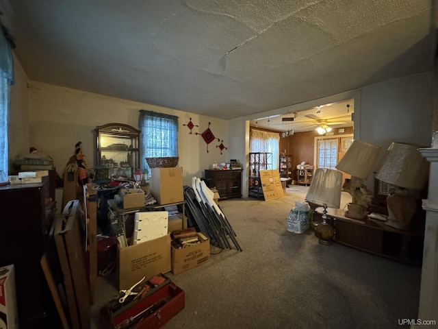 336 E Broad St, Lanse, MI 49946 - carpeted living area with ceiling fan and a textured ceiling