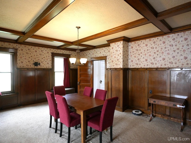 909 Quincy St, Hancock, MI 49930 - dining area with a chandelier, coffered ceiling, wainscoting, beamed ceiling, and wallpapered walls