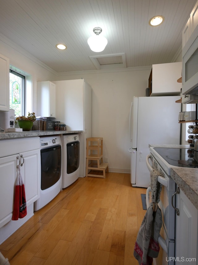 909 Quincy St, Hancock, MI 49930 - kitchen with white appliances, light wood-style floors, white cabinetry, wood ceiling, and recessed lighting
