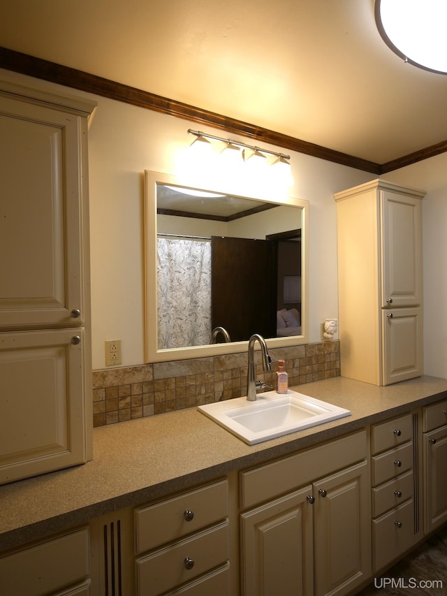 909 Quincy St, Hancock, MI 49930 - bathroom with double vanity, ornamental molding, and decorative backsplash