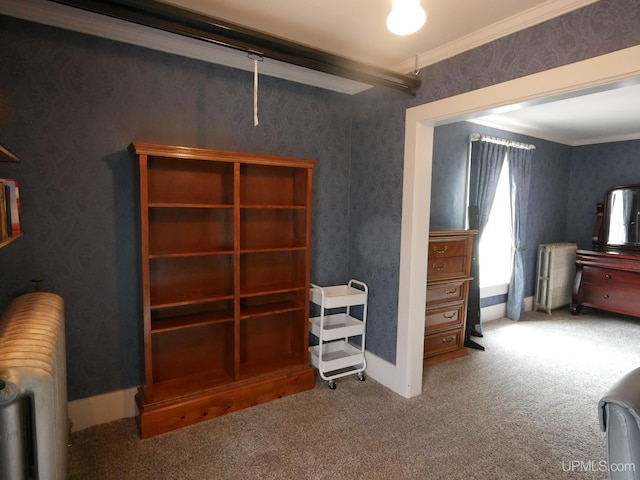 909 Quincy St, Hancock, MI 49930 - carpeted bedroom with radiator, ornamental molding, and wallpapered walls