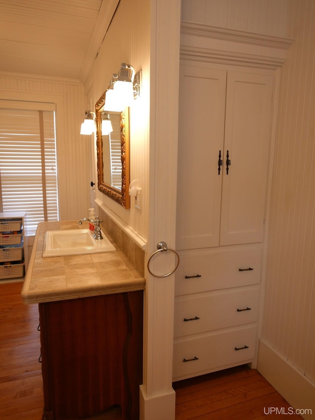 909 Quincy St, Hancock, MI 49930 - bathroom with vanity, wood finished floors, and wood walls