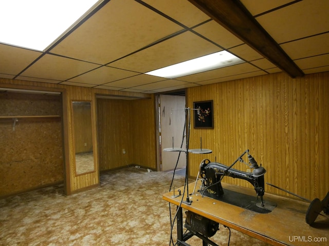 909 Quincy St, Hancock, MI 49930 - finished below grade area with a paneled ceiling, wood walls, and carpet floors