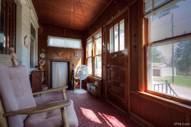 338 E Tamarack St, Ironwood, MI 49938 - carpeted entrance foyer featuring wood walls and wooden ceiling