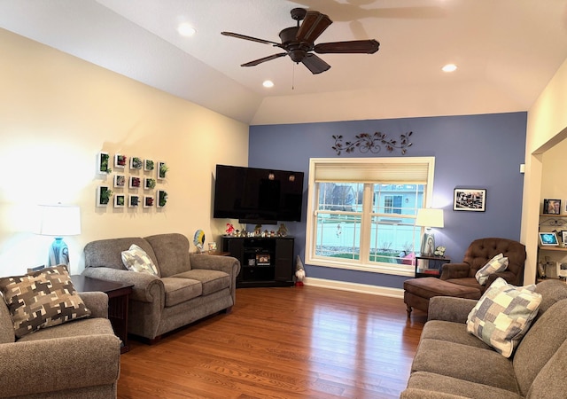 5266 Brook Hollow Ave, Bay City, MI 48706 - living room featuring wood finished floors, ceiling fan, vaulted ceiling, recessed lighting, and baseboards