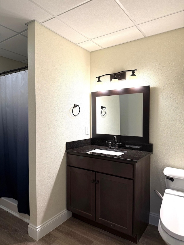 5266 Brook Hollow Ave, Bay City, MI 48706 - full bathroom with wood finished floors, toilet, vanity, a paneled ceiling, and a shower with shower curtain