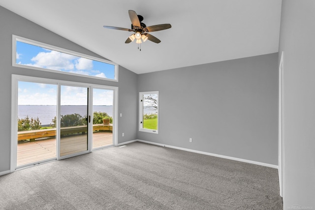 38340 Lakeshore Dr, Harrison Twp, MI 48045 - unfurnished room with carpet flooring, ceiling fan, high vaulted ceiling, a water view, and baseboards