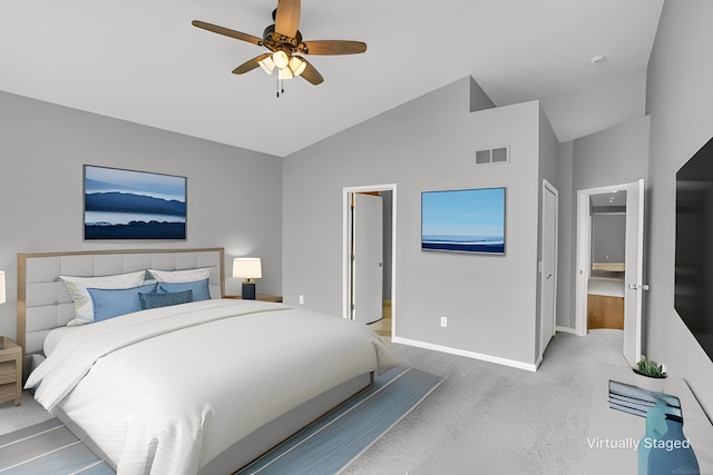 38340 Lakeshore Dr, Harrison Twp, MI 48045 - carpeted bedroom featuring vaulted ceiling, baseboards, and a ceiling fan