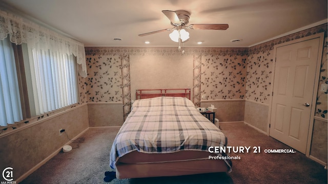 2884 Fort St, Lincoln Park, MI 48146 - bedroom with wallpapered walls, carpet flooring, ornamental molding, a ceiling fan, and wainscoting