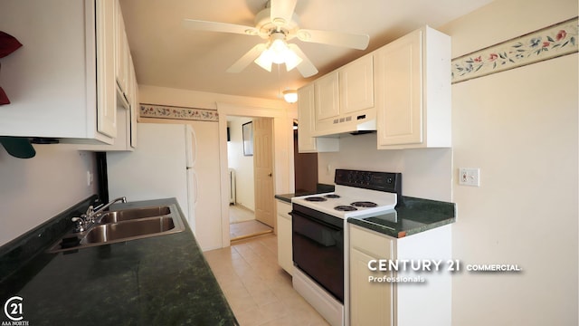 2884 Fort St, Lincoln Park, MI 48146 - kitchen with electric stove, under cabinet range hood, a ceiling fan, a sink, and light tile patterned floors