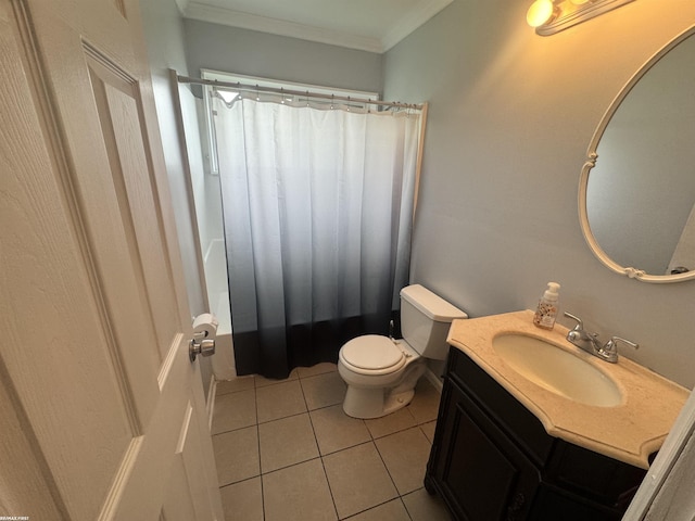26100 Kathy St, Roseville, MI 48066 - full bath featuring vanity, toilet, tile patterned flooring, ornamental molding, and shower / bath combo with shower curtain