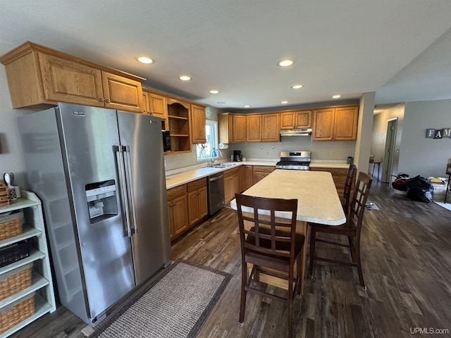 500 Fairbanks St, Iron Mountain, MI 49801 - kitchen with stainless steel appliances, open shelves, dark wood-type flooring, under cabinet range hood, and a sink