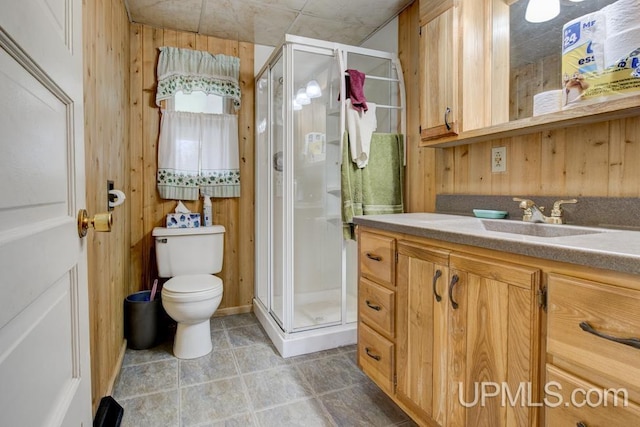 1782 H Rd, Bark River, MI 49807 - full bath featuring wood walls, toilet, vanity, and a stall shower