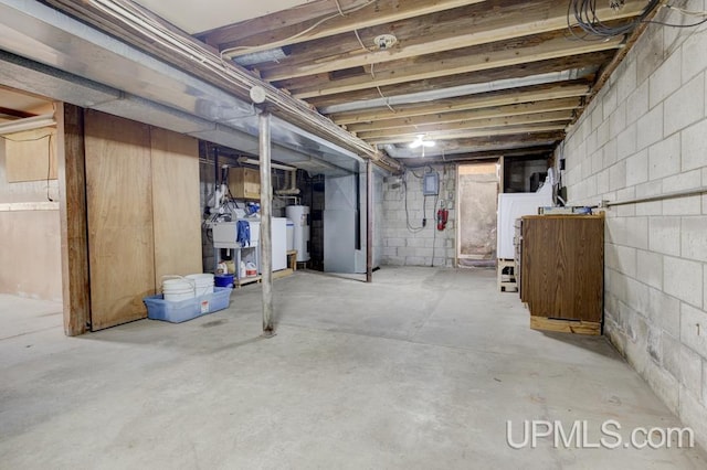 1782 H Rd, Bark River, MI 49807 - unfinished basement featuring water heater, washer / clothes dryer, and heating unit