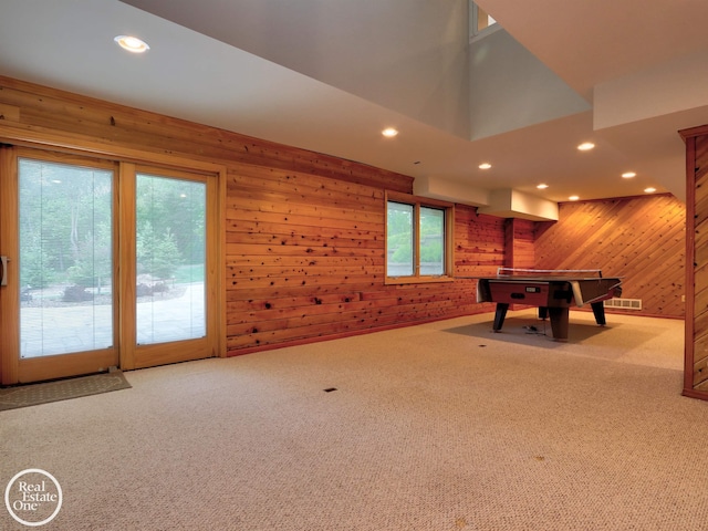 966 Pine Needle Trl, Oakland Twp, MI 48306 - rec room with wooden walls, carpet, recessed lighting, and pool table