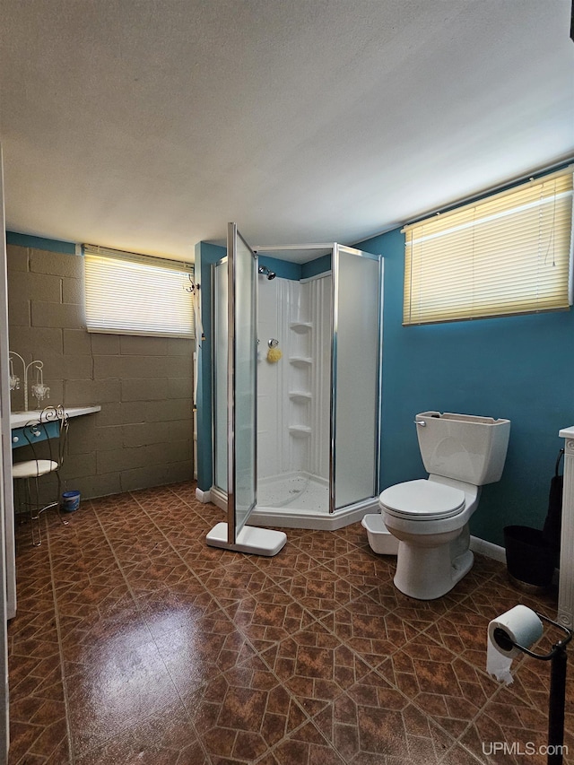10162 Wyoming Rd, Mohawk, MI 49918 - full bath with a shower stall, toilet, and concrete block wall