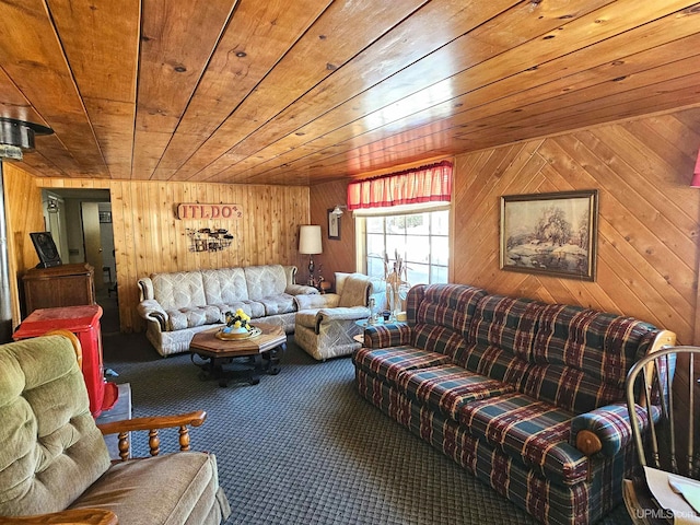 10162 Wyoming Rd, Mohawk, MI 49918 - living room featuring wood ceiling, carpet, and wood walls