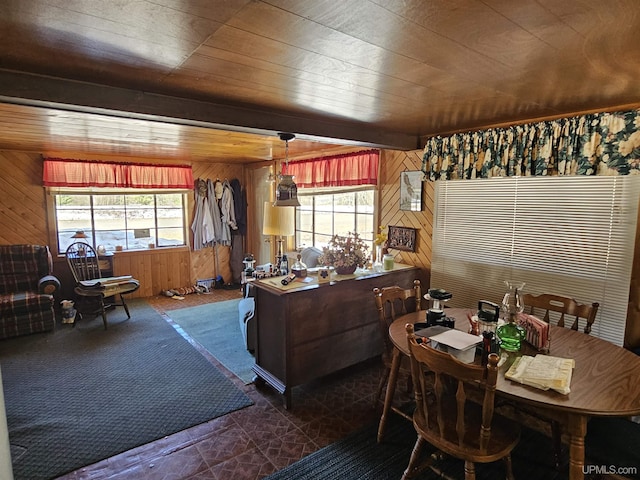 10162 Wyoming Rd, Mohawk, MI 49918 - dining area featuring wood walls, plenty of natural light, and wooden ceiling