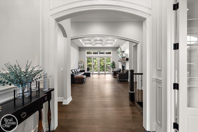 60330 Mount Vernon Rd, Washington Twp, MI 48306 - corridor with arched walkways, coffered ceiling, dark wood-style flooring, ornamental molding, and baseboards