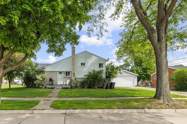 8912 Hubbard St, Livonia, MI 48150 - split level home featuring an outbuilding, a chimney, a front yard, and a garage