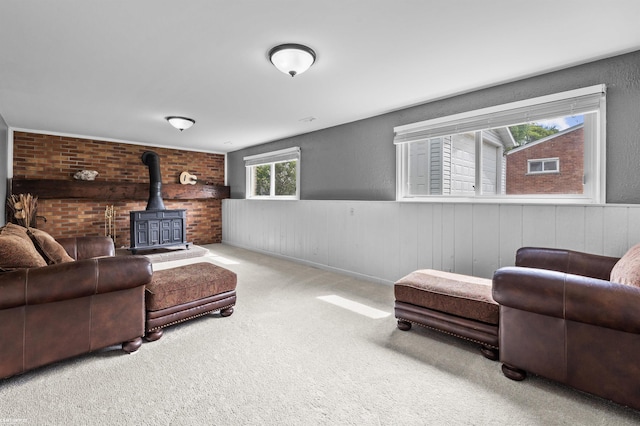 8912 Hubbard St, Livonia, MI 48150 - living area with a wood stove, a wainscoted wall, carpet, and brick wall