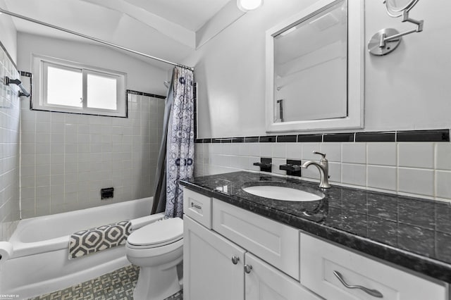 8912 Hubbard St, Livonia, MI 48150 - bathroom featuring toilet, vanity, shower / tub combo, tile walls, and wainscoting