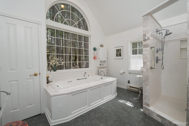 7975 00.25 Rd, Garden, MI 49835 - full bathroom with a bath, a tile shower, a baseboard radiator, baseboards, and high vaulted ceiling