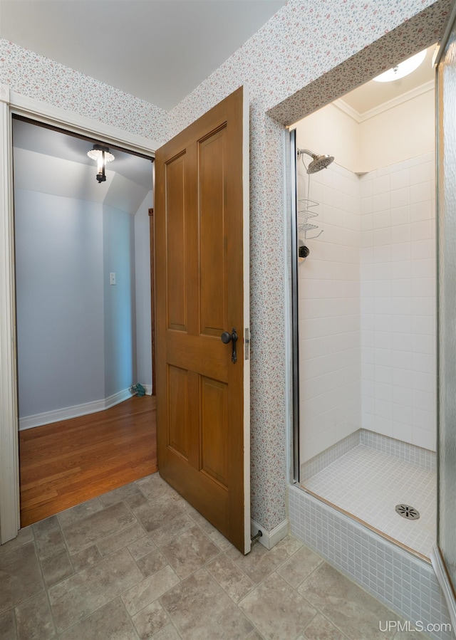 7975 00.25 Rd, Garden, MI 49835 - bathroom with a shower stall, baseboards, and wood finished floors