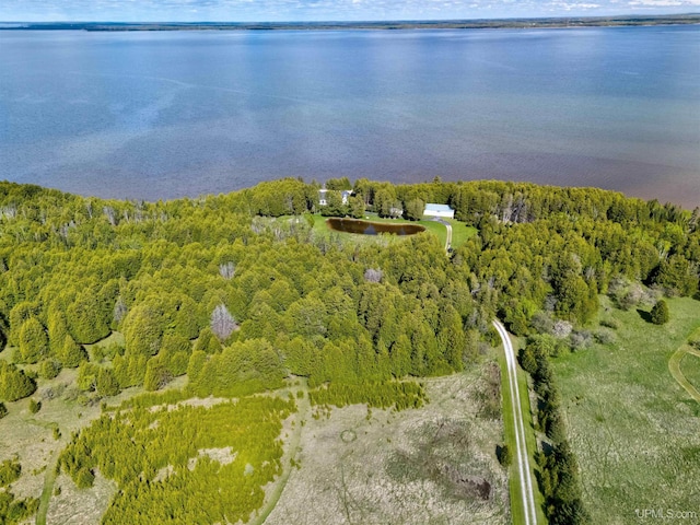 7975 00.25 Rd, Garden, MI 49835 - aerial view of property and surrounding area featuring a nearby body of water and a heavily wooded area