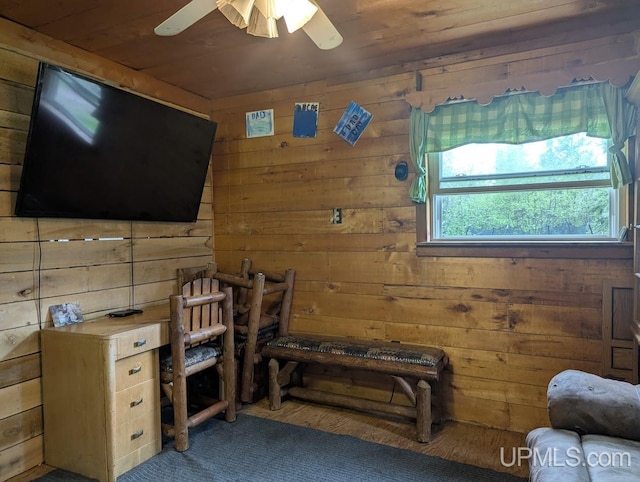24662 Mud Creek Rd, Mass City, MI 49948 - office area featuring wooden walls, wooden ceiling, and a ceiling fan