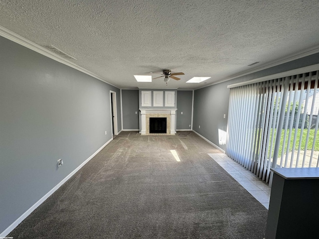 19299 Georgia St, Roseville, MI 48066 - unfurnished living room with crown molding, a ceiling fan, a skylight, a fireplace, and light carpet