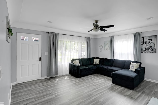 30 Connecticut St, Marysville, MI 48040 - living room with light wood-style floors, a ceiling fan, and baseboards