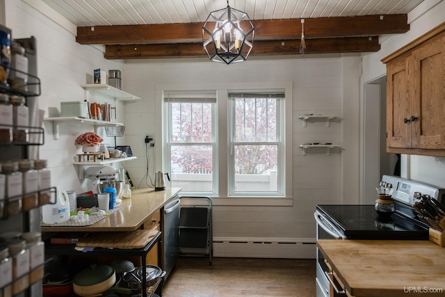 1302 N 3rd St, Ishpeming, MI 49849 - kitchen featuring a baseboard radiator, wood counters, appliances with stainless steel finishes, open shelves, and wood finished floors