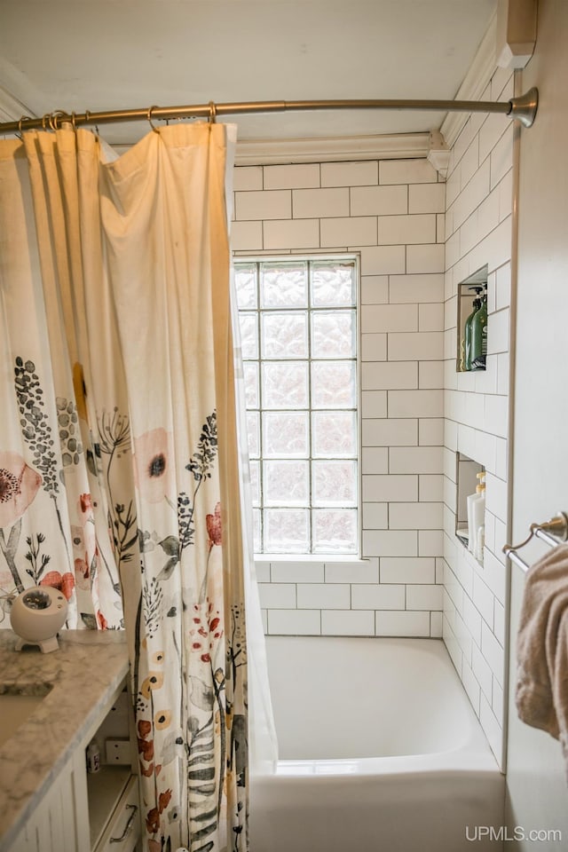 1302 N 3rd St, Ishpeming, MI 49849 - full bath featuring shower / bath combination with curtain, plenty of natural light, and vanity