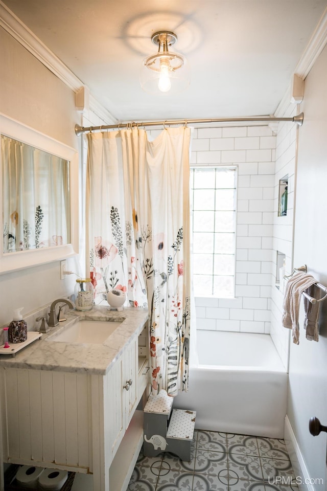 1302 N 3rd St, Ishpeming, MI 49849 - bathroom with crown molding, vanity, shower / tub combo with curtain, tile patterned flooring, and baseboards