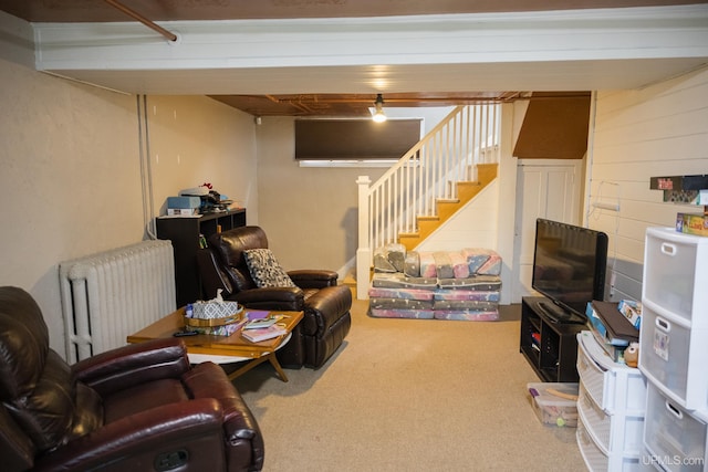 1302 N 3rd St, Ishpeming, MI 49849 - living room with radiator heating unit, carpet, and stairs