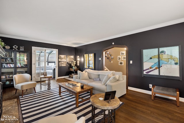 1435 Kensington Ave, Grosse Pointe Park, MI 48230 - living room featuring wood finished floors, baseboards, crown molding, and arched walkways