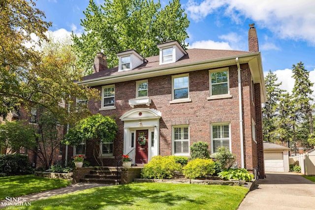 1435 Kensington Ave, Grosse Pointe Park, MI 48230 - colonial inspired home featuring a chimney, a front lawn, an outbuilding, brick siding, and a garage