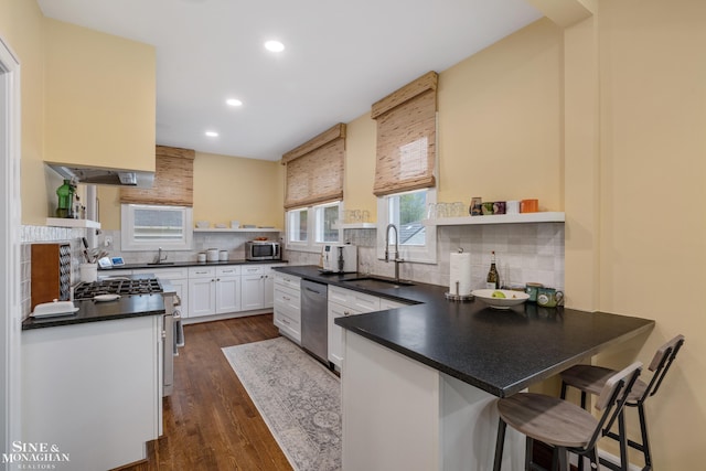 1435 Kensington Ave, Grosse Pointe Park, MI 48230 - kitchen with a sink, stainless steel appliances, open shelves, a peninsula, and dark countertops