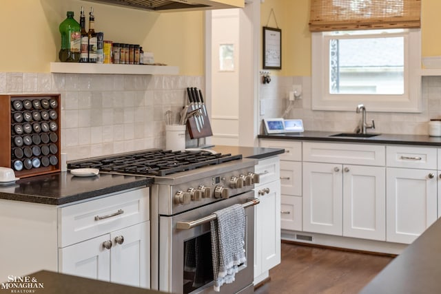 1435 Kensington Ave, Grosse Pointe Park, MI 48230 - kitchen with stainless steel range, a sink, dark countertops, white cabinetry, and decorative backsplash