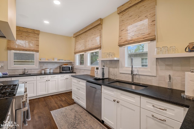 1435 Kensington Ave, Grosse Pointe Park, MI 48230 - kitchen featuring open shelves, appliances with stainless steel finishes, a sink, white cabinetry, and recessed lighting