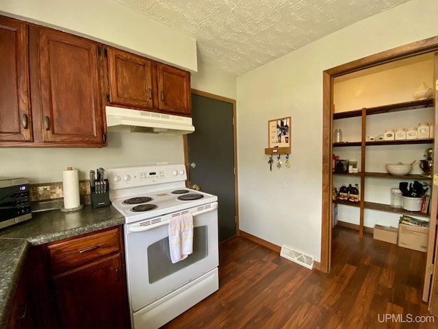 101-103 Juliet St, Marquette, MI 49855 - kitchen with electric range, under cabinet range hood, dark wood-style floors, a textured ceiling, and stainless steel microwave