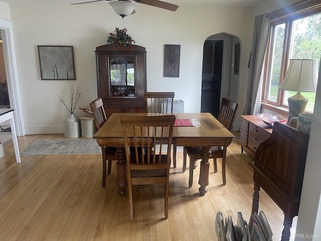 513 Neidhold Ave, Wakefield, MI 49968 - dining area featuring light wood finished floors, ceiling fan, arched walkways, and baseboards